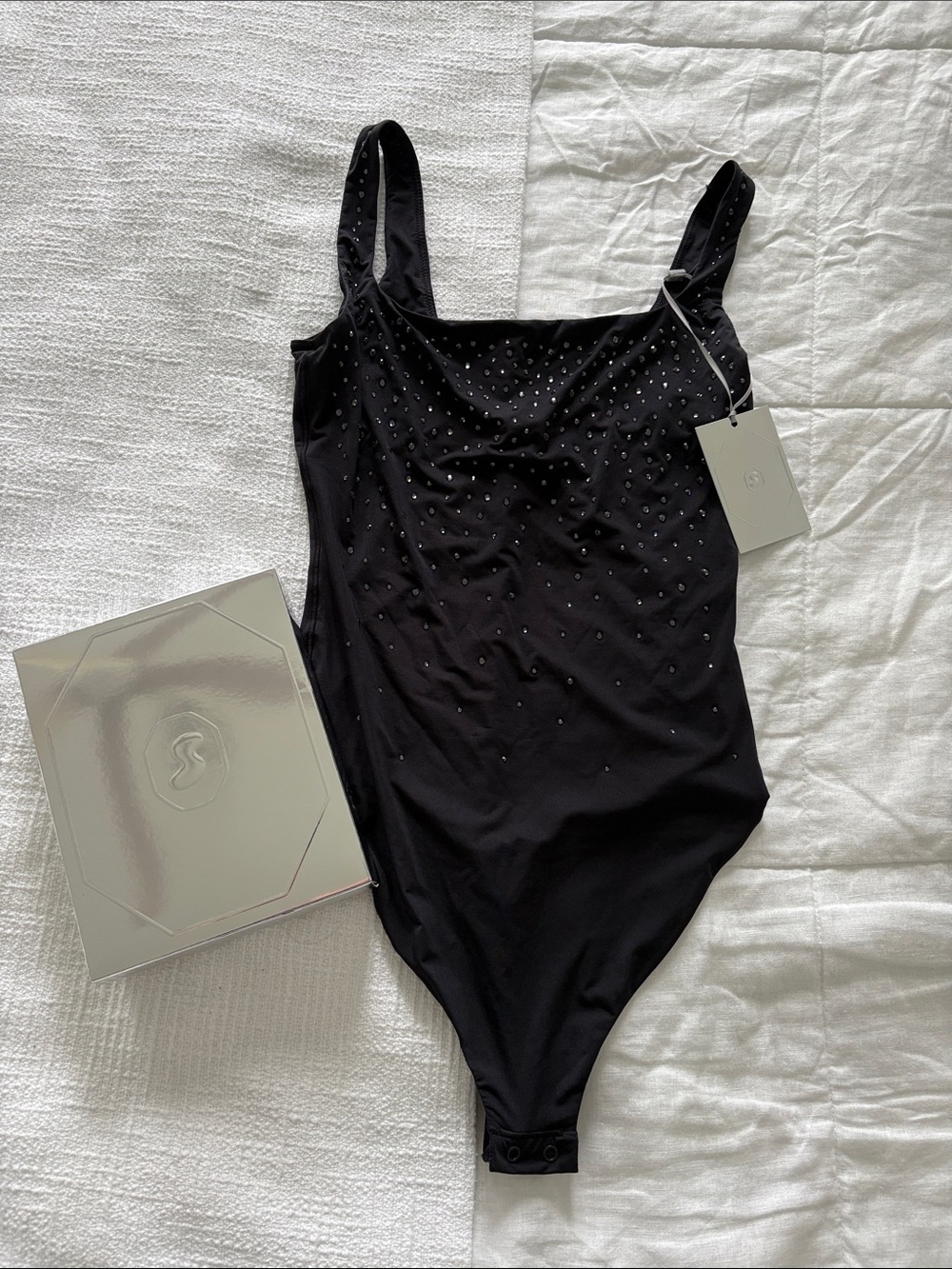 SKIMS x Swarovski Jelly Sheer Square Neck Thong Bodysuit in Onyx